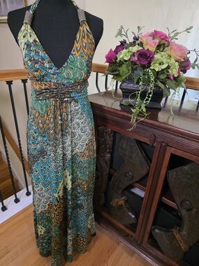 christina love maxi dress Christina Love Halter Maxi Summer Sun Dress Medium New Taupe Beige White